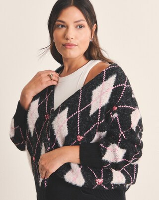 Simply Be Sequin Heart Fluffy Argyle Boyfriend Cardigan | Simply Be | Simply Be (UK)