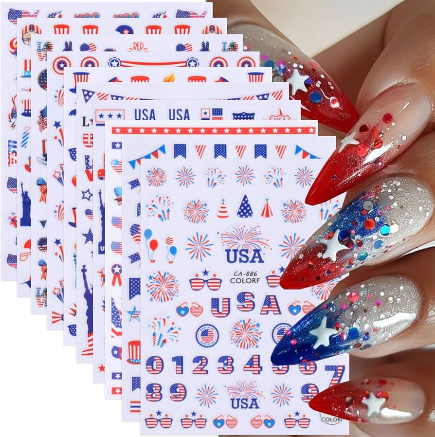 10 Sheets 4th of July Nail Art Stickers Patriotic Nail Decals 3D Self-Adhesive American Flag Inde... | Amazon (US)