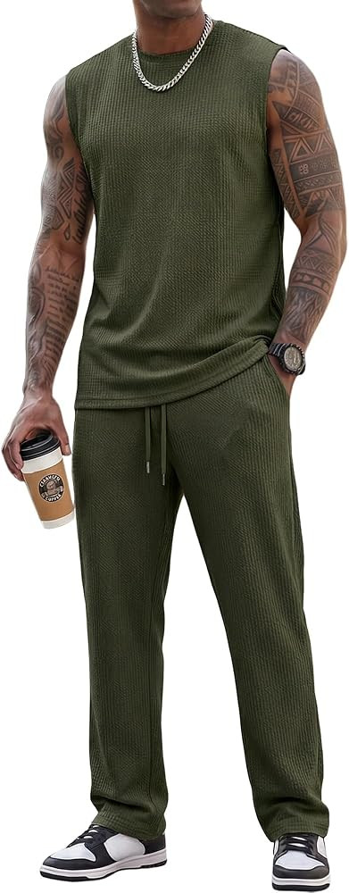 JMIERR Men Fashion 2 Piece Set Casual Muscle Tank Baggy Pants Stretch Textured Beach Street HipHo... | Amazon (US)