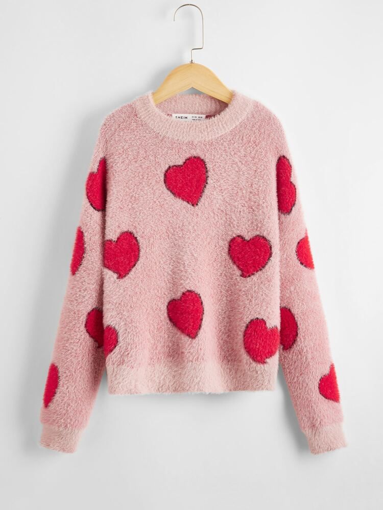 SHEIN Girls Drop Shoulder Heart Pattern Fluffy Knit Sweater | SHEIN