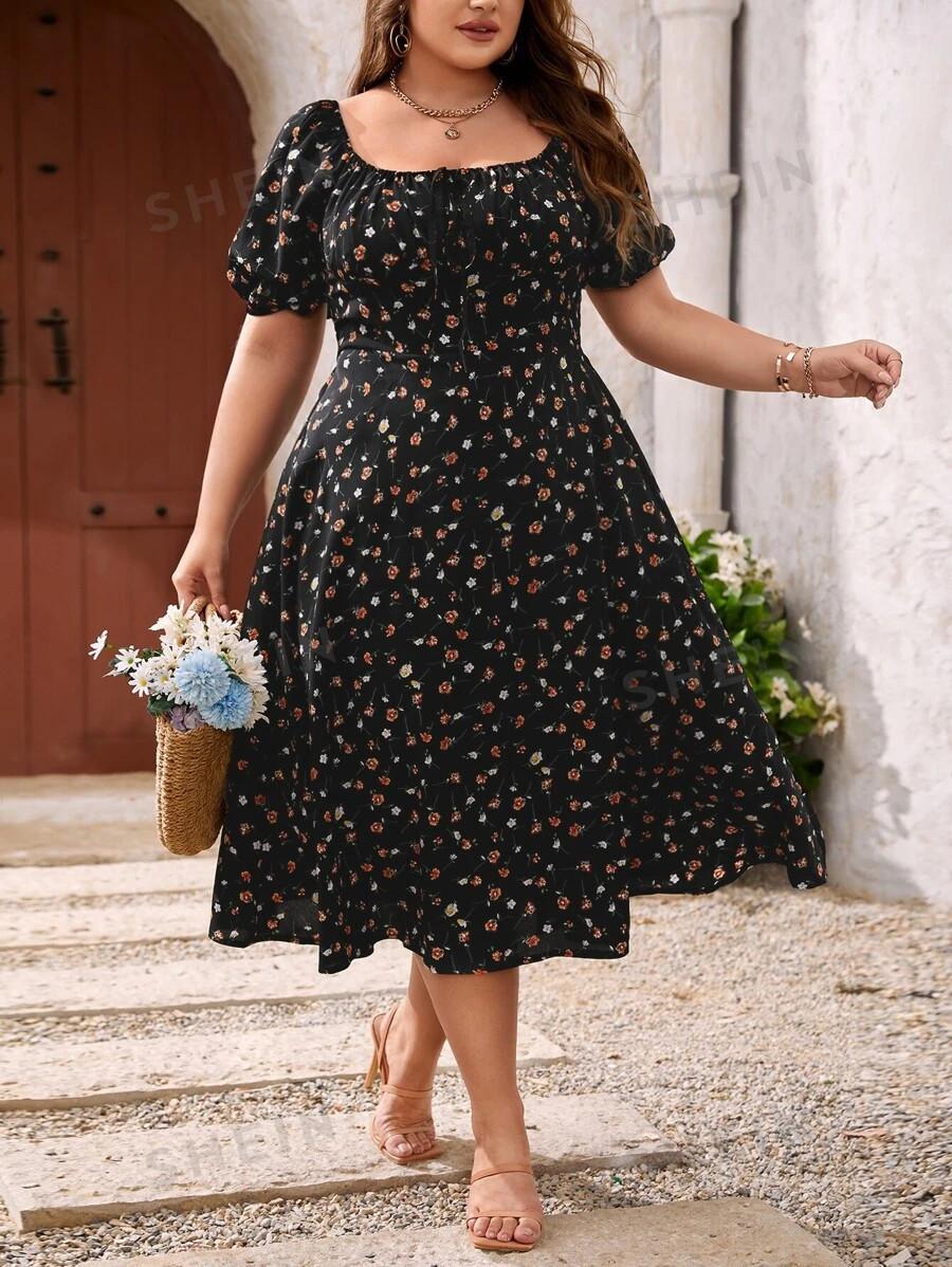 SHEIN VCAY Plus Ditsy Floral Tie Front Shirred Split Hem Milkmaid Dress | SHEIN