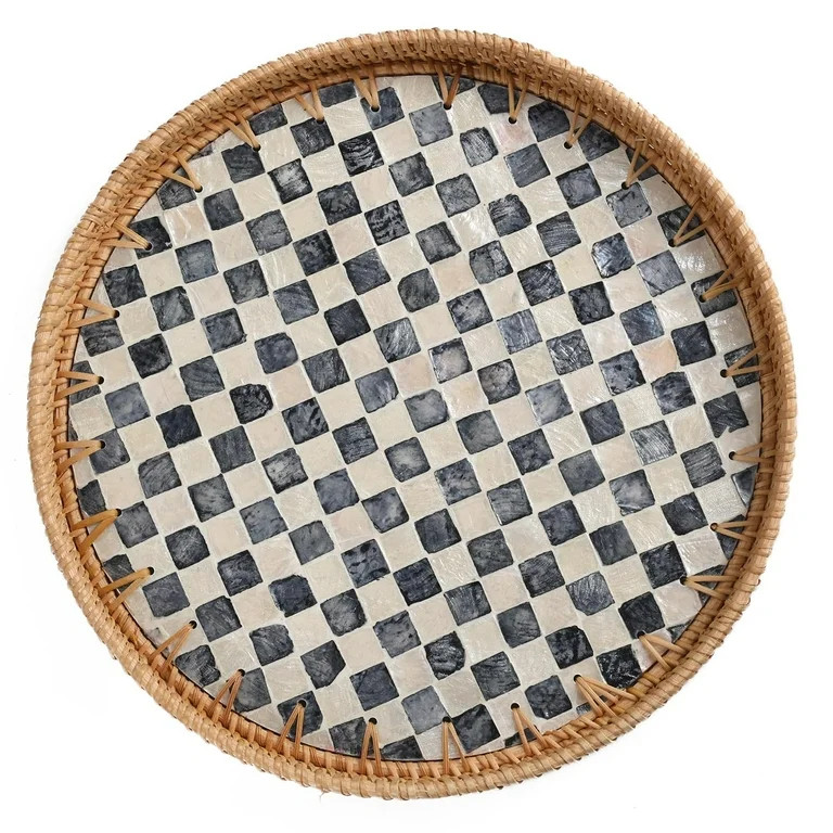 Round Rattan Serving Tray with Mother of Pearl Inlay, Handwoven Wicker Tray for Coffee Table, Bre... | Walmart (US)