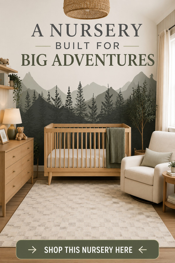 Create a cozy boy baby nursery with a stunning mountain mural, natural wood crib, warm wood dresser, soft neutral rug, a
