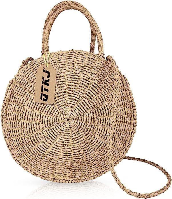 Women Straw Summer Beach Bag Handwoven Round Rattan Bag Cross Body Bag Shoulder Messenger Satchel | Amazon (US)