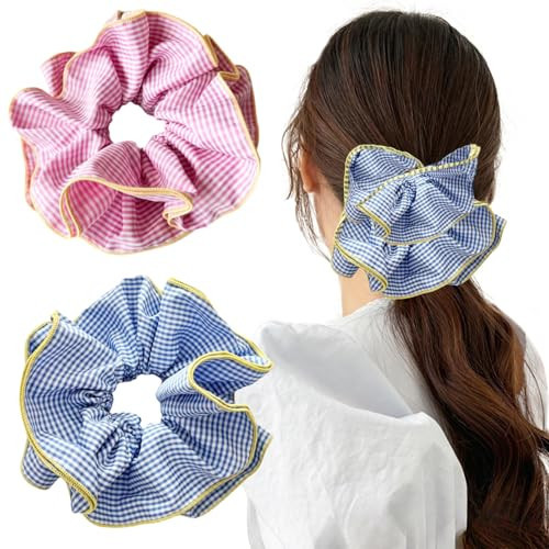 2 PACK Blue & Pink Oversized Scrunchies, Large Lace Scrunchies Oversized Scrunchy Hair Ties, Fancy Satin Hair Scrunchies Bun or Ponytail Hair Holder Accessories for Women Girl Thick Curly Hair | Amazon (US)