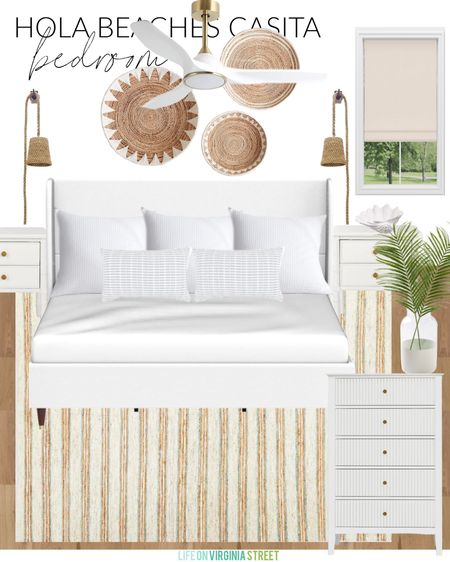 The neutral king bedroom design board for Hola Beaches Casita! Includes a budget-friendly white upholstered bed, a striped jute rug, woven basket wall art, rope pendant lights over the white bamboo nightstands, a fluted white dresser and white and gold ceiling fan! Get more details and see all the plans here: https://lifeonvirginiastreet.com/hola-beaches-casita-design-plans/.
.
#ltkhome #ltkseasonal #ltksaleslert #ltkfindsunder50 #ltkfindsunder100 #ltkstyletip #ltktravel 30A decor style

#LTKHome #LTKSeasonal #LTKSaleAlert