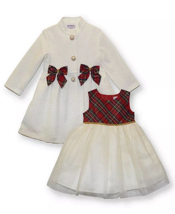 Little Girls Glitter Ottoman Knit Coat with Sleeveless Glitter Tulle Dress Set | Macy's