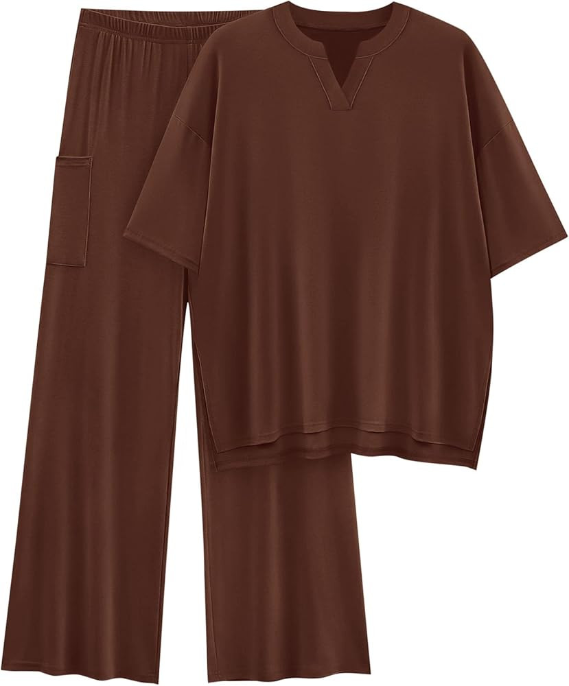 KIRUNDO Womens 2 Piece Matching Lounge Set Airport Travel Vacation Summer Outfits Oversized Short... | Amazon (US)