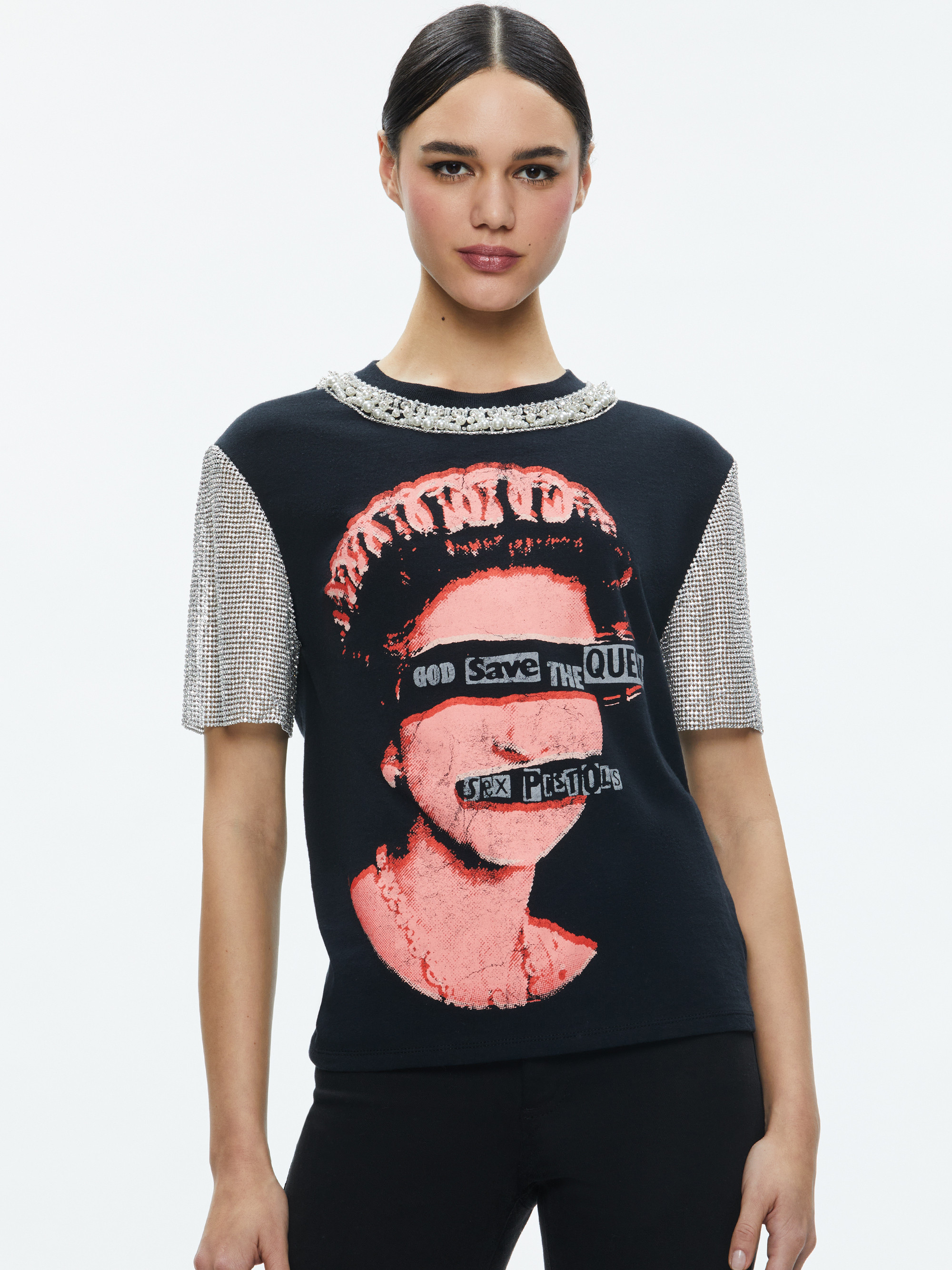 TARI EMBELLISHED CRYSTAL SLEEVE TEE | Alice + Olivia