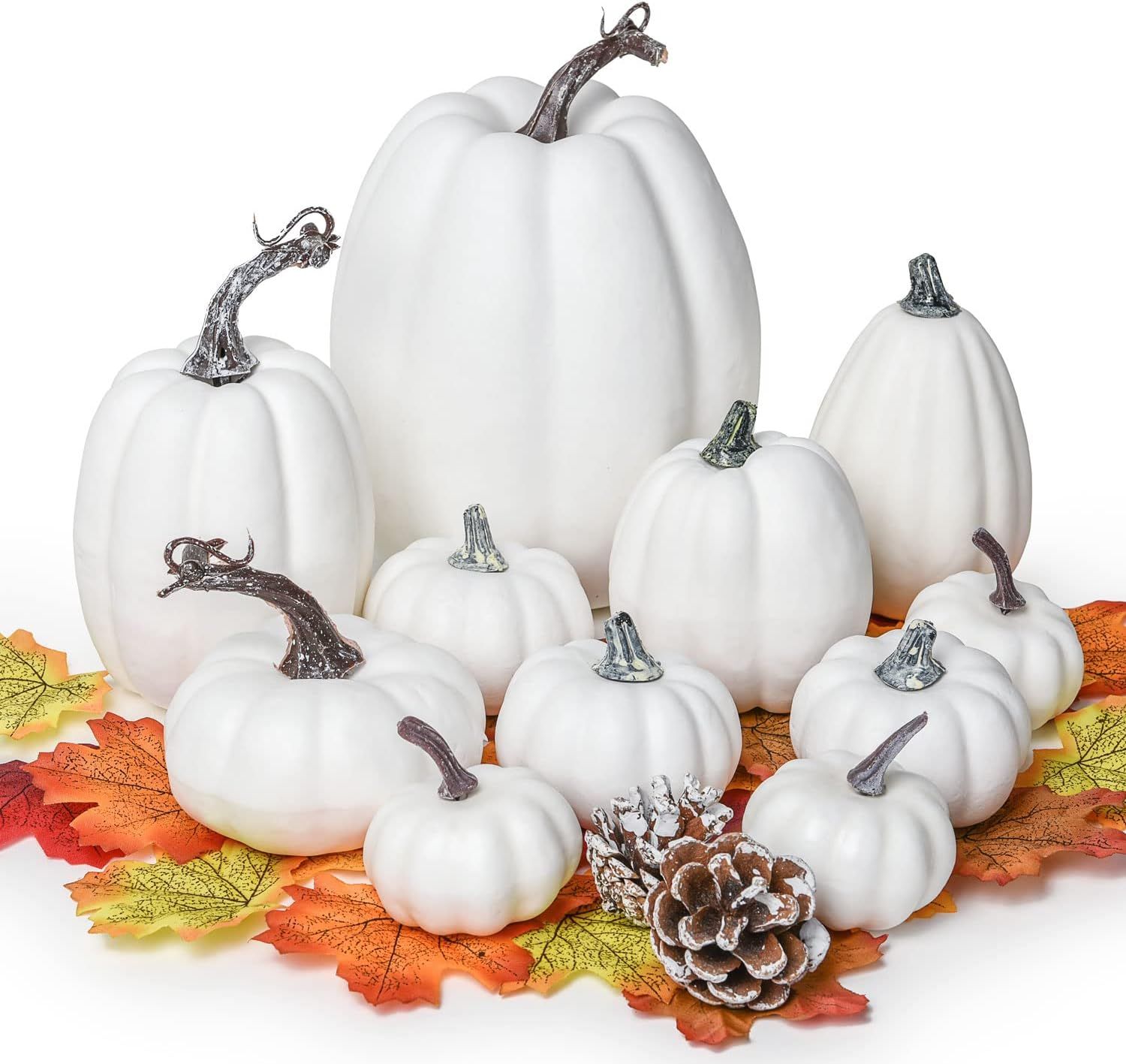 Lvydec Artificial Pumpkins Set Harvest Decoration, 11pcs Assorted Size White Pumpkins with 50pcs ... | Amazon (US)