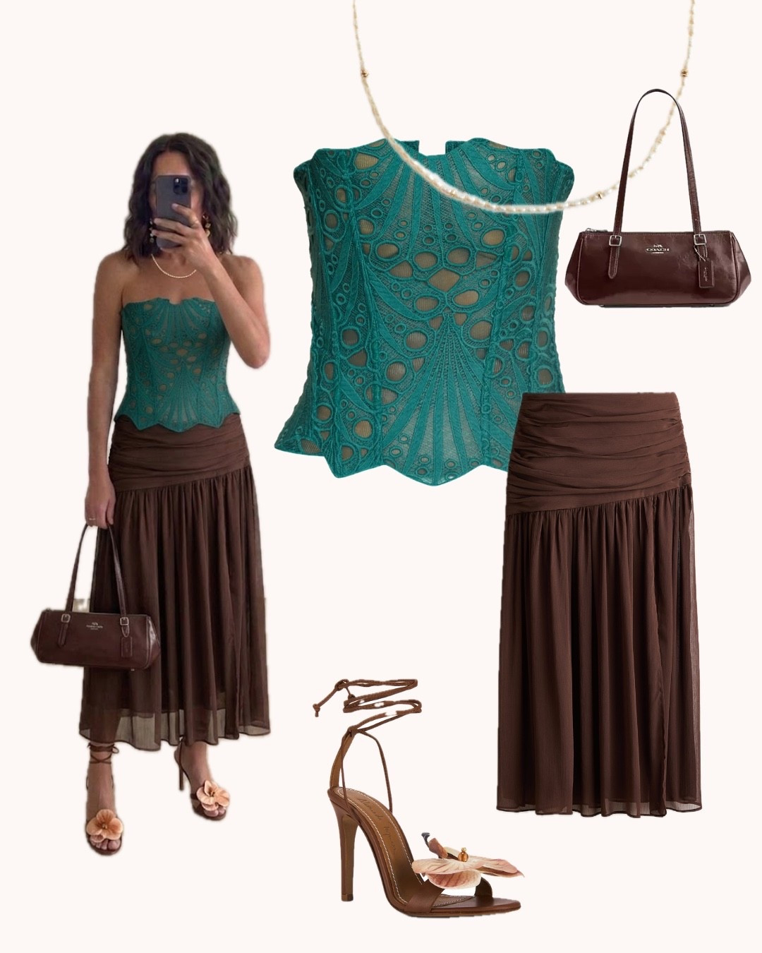 Teal and chocolate brown. Write it down. This is THE color pairing. A lace corset top that belongs in a gallery styled with a flowing chiffon skirt that moves like water lets everything else speak. The flower-detail heels finish it like a punctuation mark you didn't know the sentence needed ✨

#LTKitalia #LTKwedding #LTKtravel