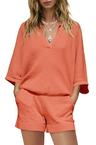 SENSERISE Womens Lounge Set Oversized Summer Sweater Matching Sets Summer Beach Vacation Travel outfits(Orange,M) | Amazon (US)