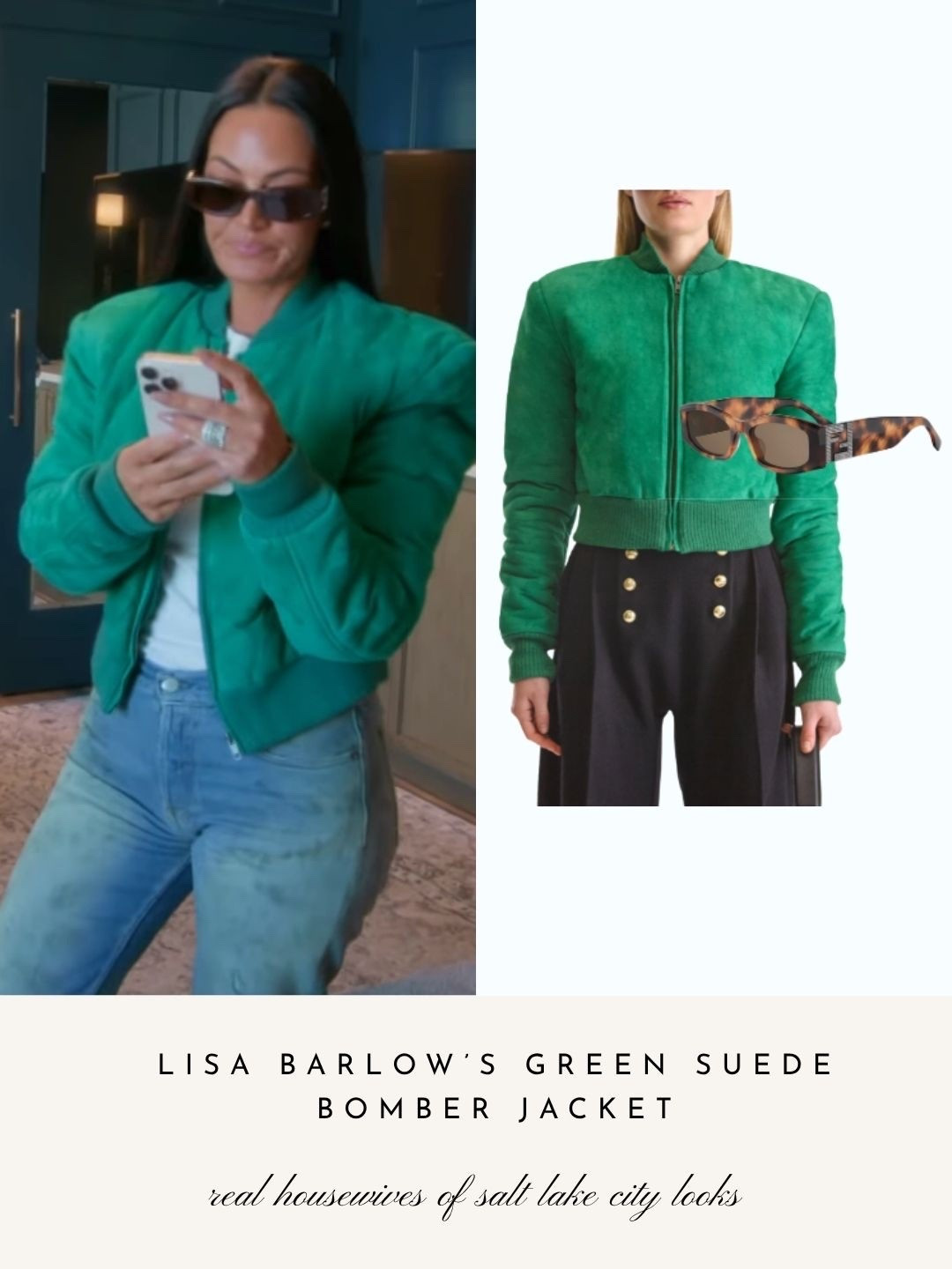 Lisa Barlow’s Green Suede Bomber Jacket // Sold by Helen Anthony