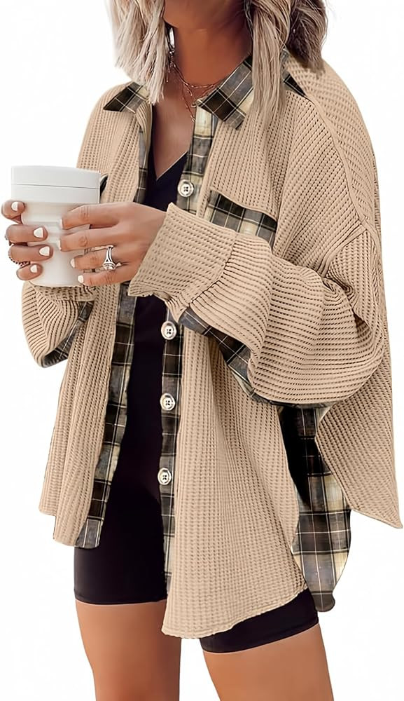 SHEWIN Womens Waffle Knit Plaid Shacket Boyfriend Button Down Shirt Jacket Loose Long Sleeve Tops | Amazon (US)