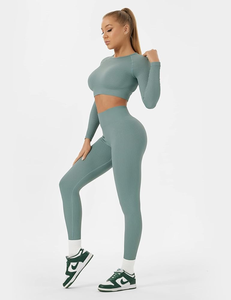 Buttergene Women Workout Sets 2 Pieces Long Sleeve Yoga Outfits Gym Clothes Seamless Ribbed Crop ... | Amazon (US)