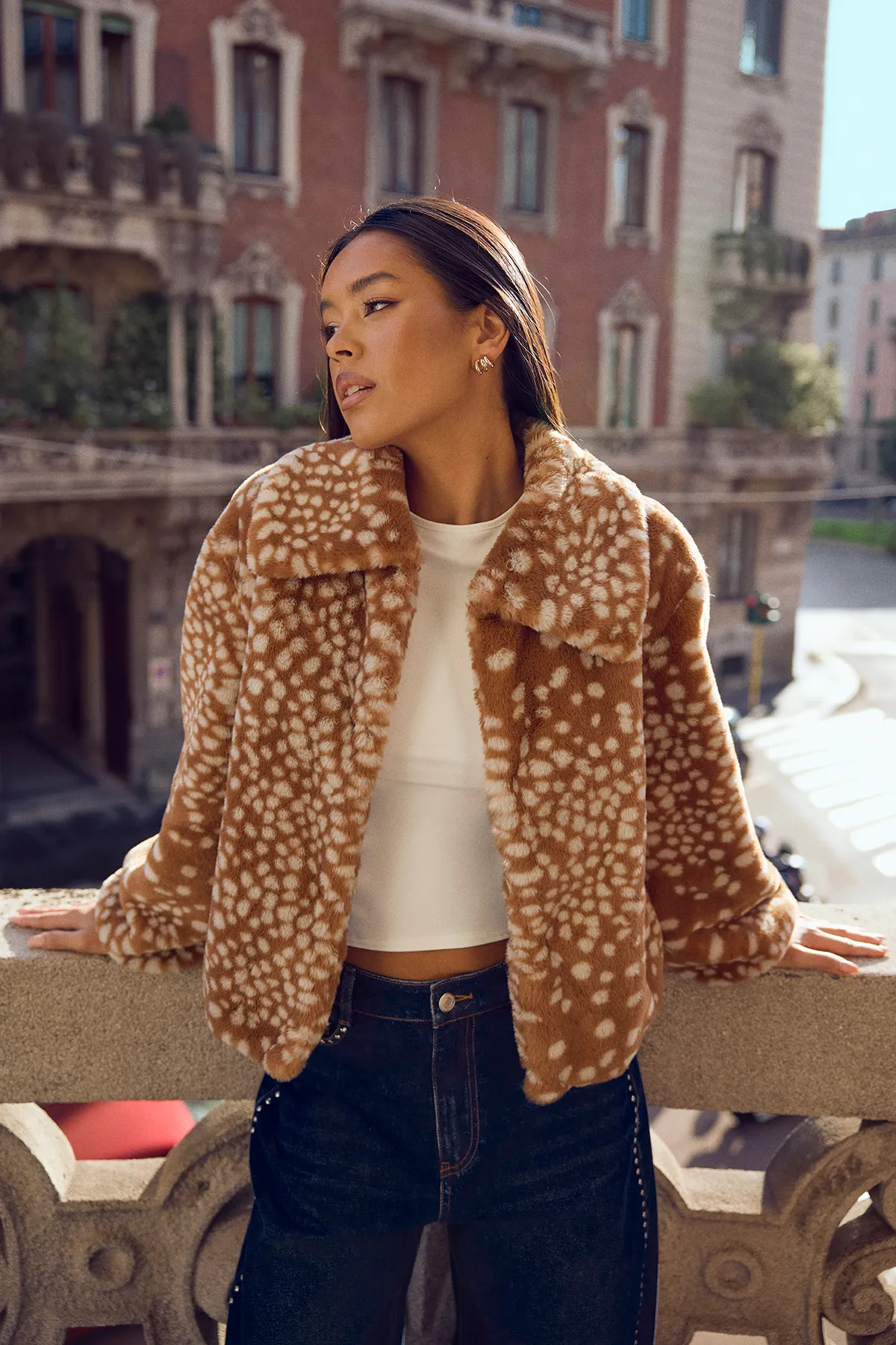 Deer Print Faux Fur Collared Coat | Boohoo.com (UK & IE)
