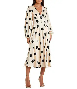 Polka Dot Charmeuse V-Neck Puff Sleeves Midi Dress | Dillard's