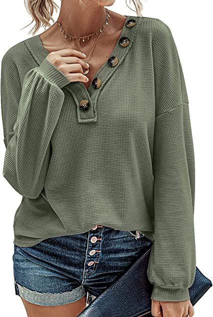 BTFBM Women Waffle Knit Shirts V-Neck Long Sleeve Casual Slouchy Loose Blouses Plain Faux Button ... | Amazon (US)