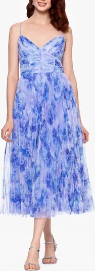Floral Print Corset Bodice Pleated Tulle Midi Cocktail Dress | Nordstrom