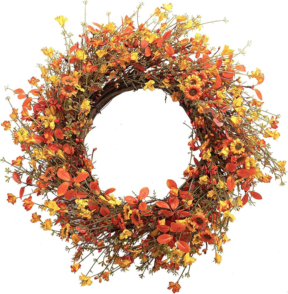 J'FLORU Artificial Fall Wreath,22 Inch Fall Wreaths for Front Door Autumn Wreath Orange Wildflowe... | Amazon (US)
