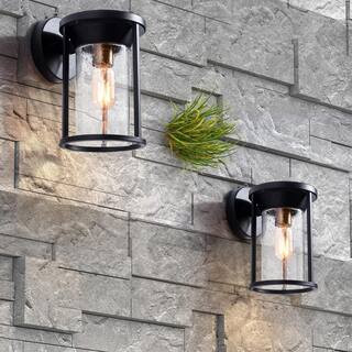 Hawaii 11.02 in. H Black Seeded Glass Hardwired Outdoor Wall Lantern Sconce with Dusk to Dawn (Set of 8) | The Home Depot