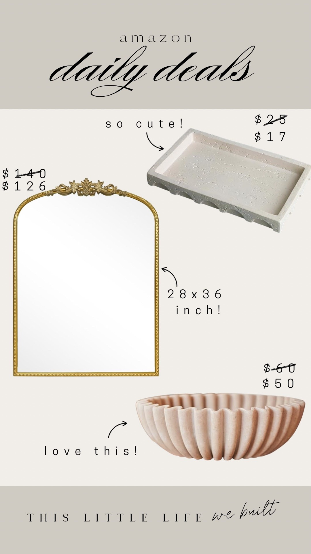 Amazon daily deals! 


Decorative bowl, tray, mirror, home accents, Amazon home, affordable home 

#LTKSaleAlert #LTKU #LTKHome