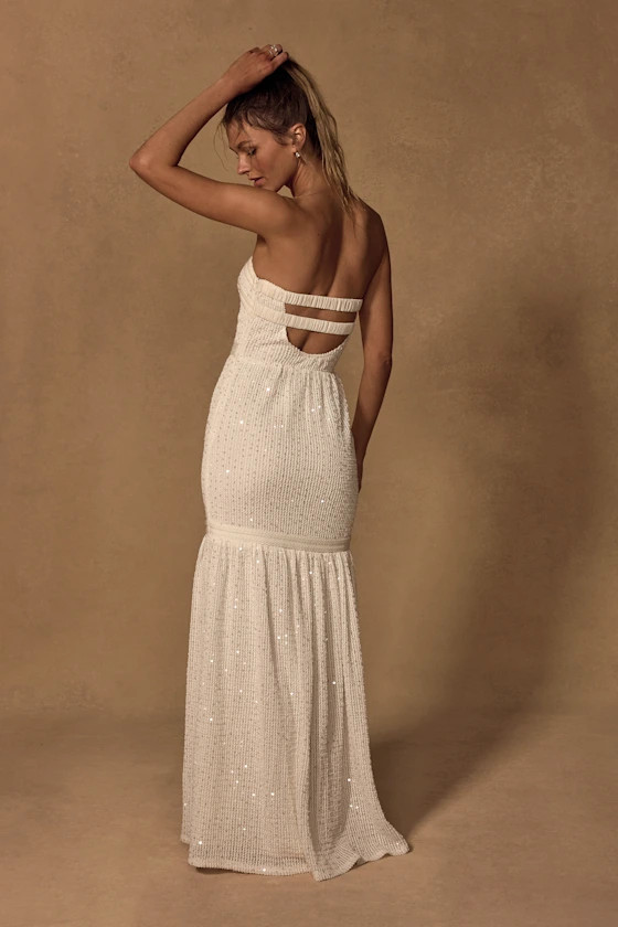 Sutri Cream Crochet Sequin Strapless Maxi Dress | Lulus