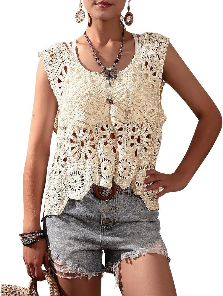 Womens Crochet Floral Tank Tops Short Hollow Out Knit Pullover Sweater Summer Sleeveless O Neck V... | Amazon (US)