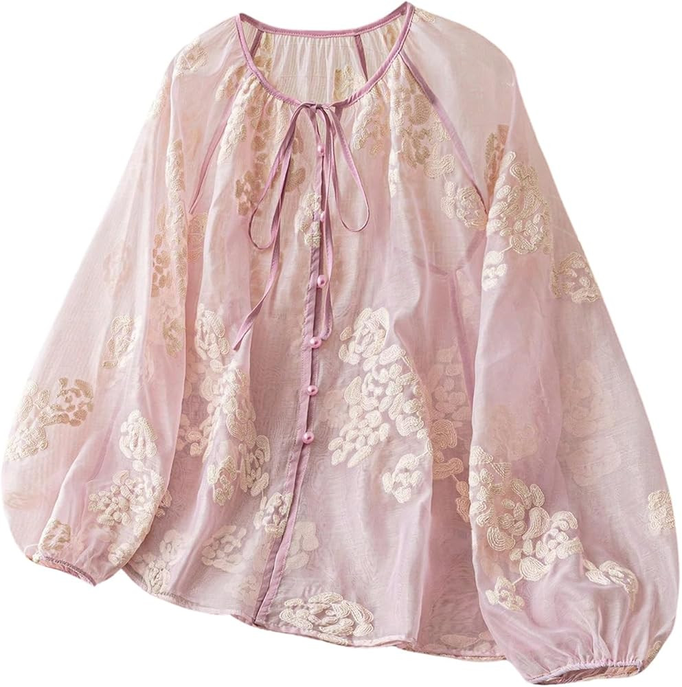 GORGLITTER Women's Boho Peasant Blouses Floral Embroidered Tops Summer Sheer Tie Front Flowy Long... | Amazon (US)