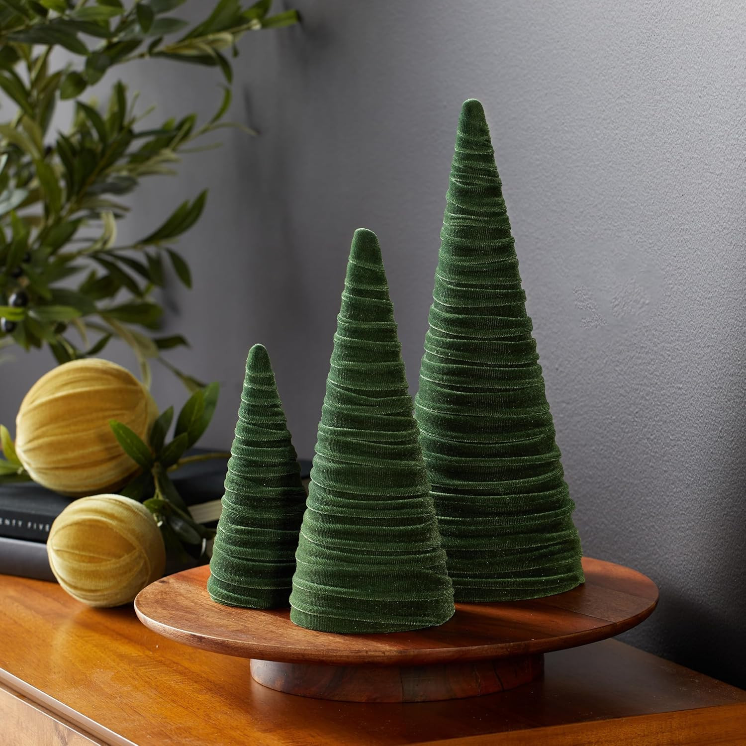 Set of 3 Velvet Cones, green trees, traditional holiday decor, for the mantel, gray accent for ta... | Amazon (US)