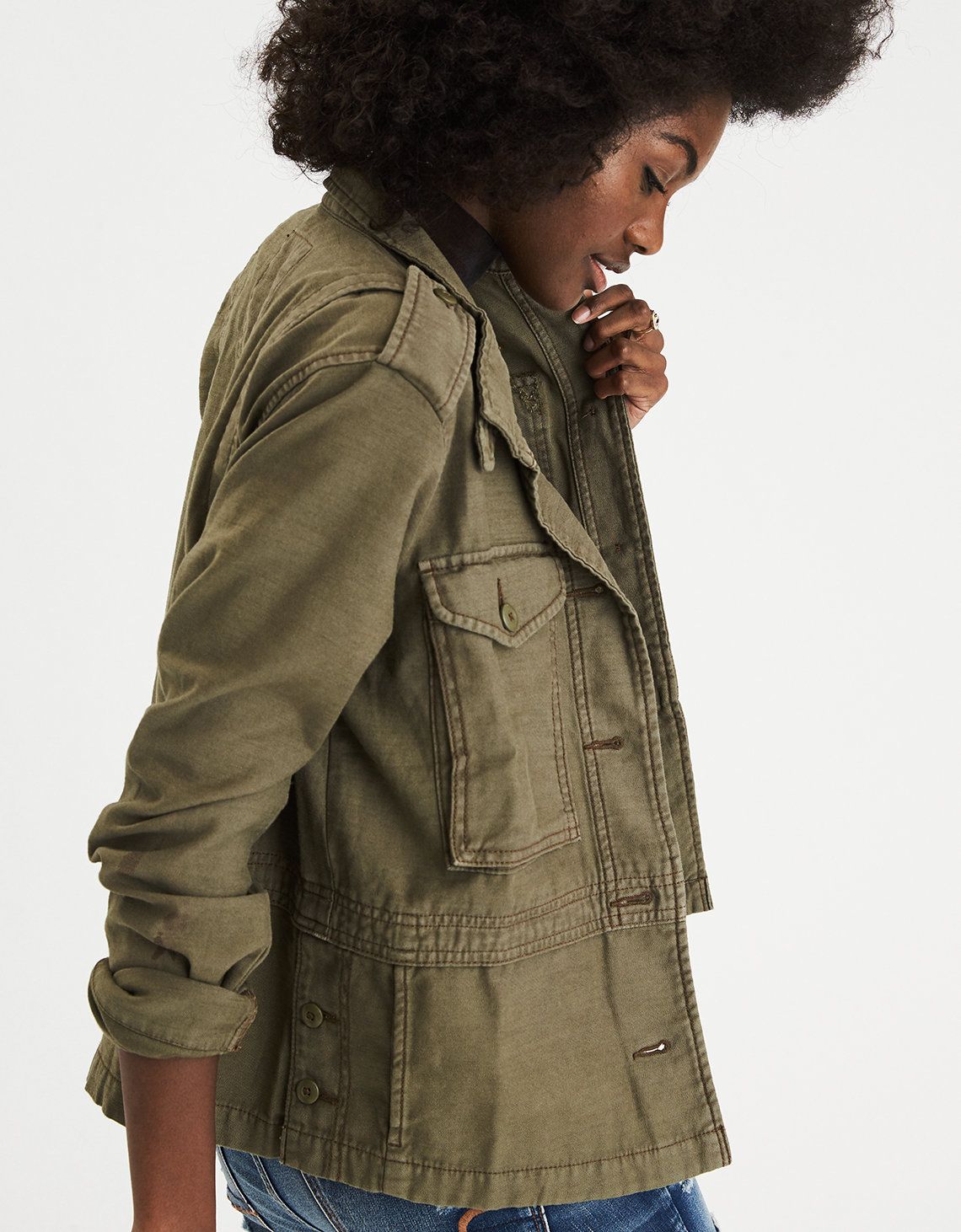 AEO Shrunken Utility Jacket, Olive | American Eagle Outfitters (US & CA)