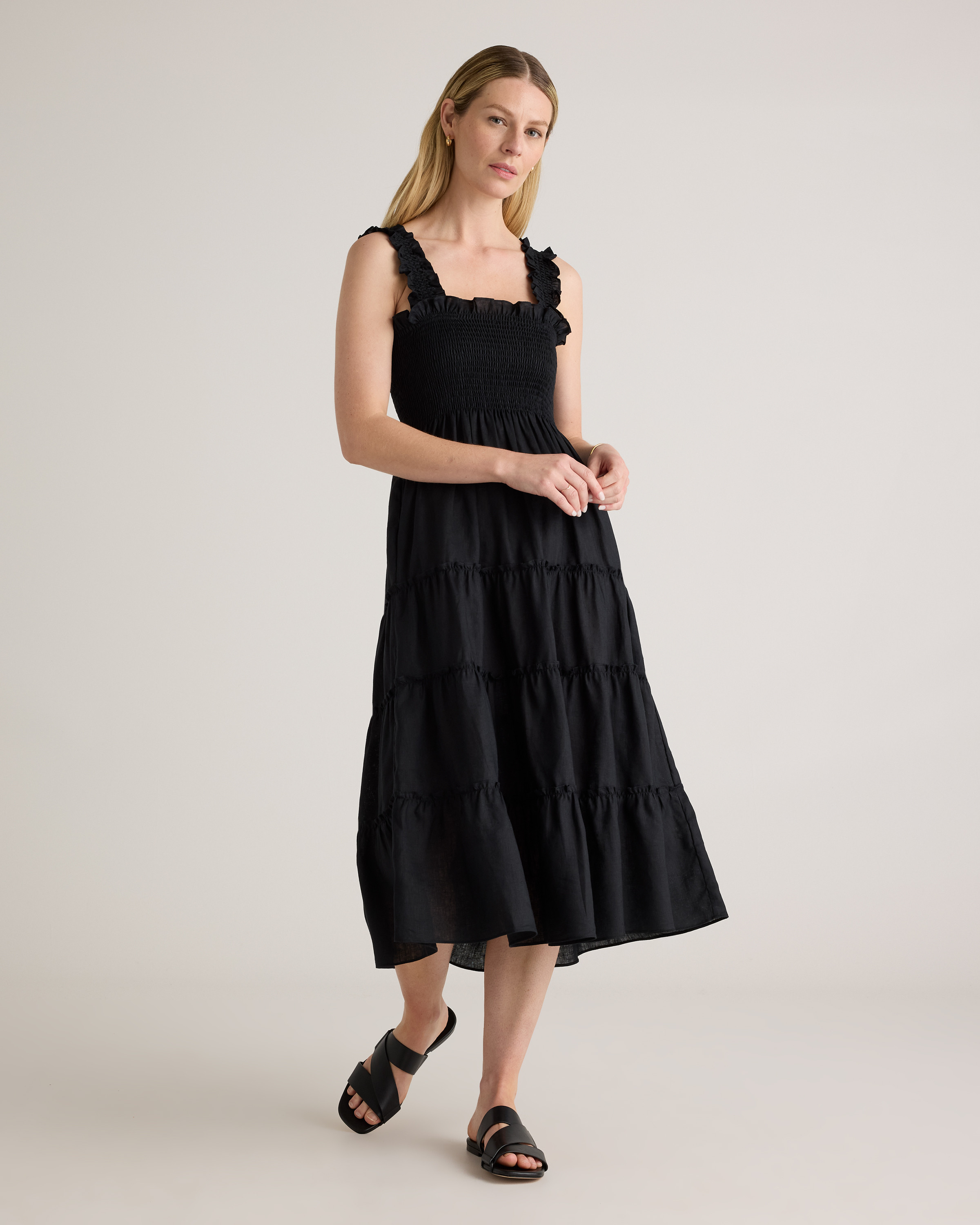 Quince | Women's 100% European Linen Smocked Midi Dress in Black, Size Small | Quince