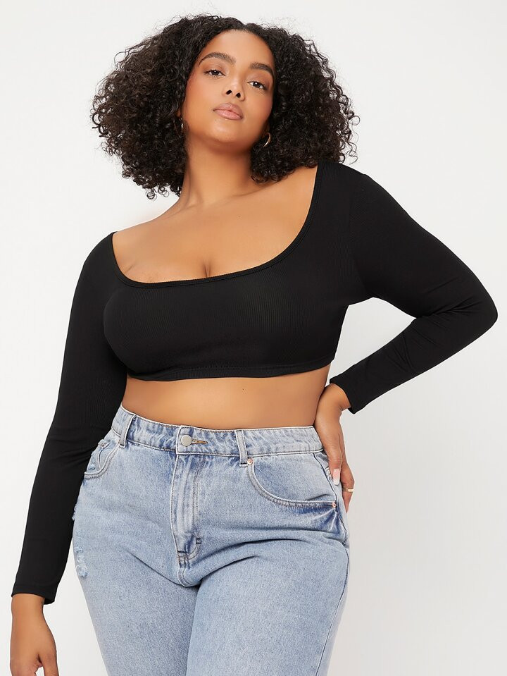 SHEIN BASICS Plus Scoop Neck Crop Tee | SHEIN