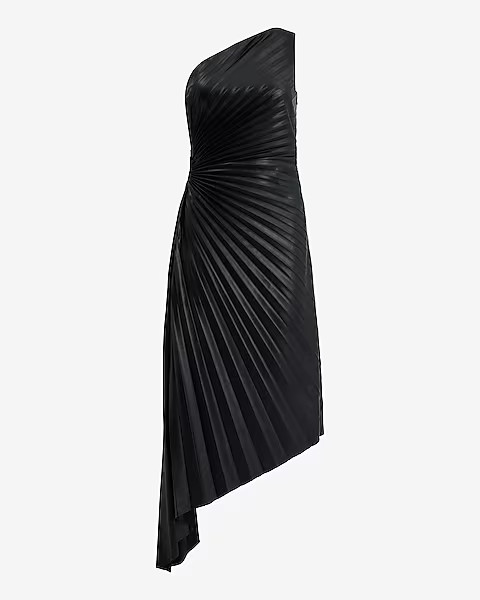 Faux Leather One Shoulder Pleated Cutout Asymmetrical Midi Dress | Express