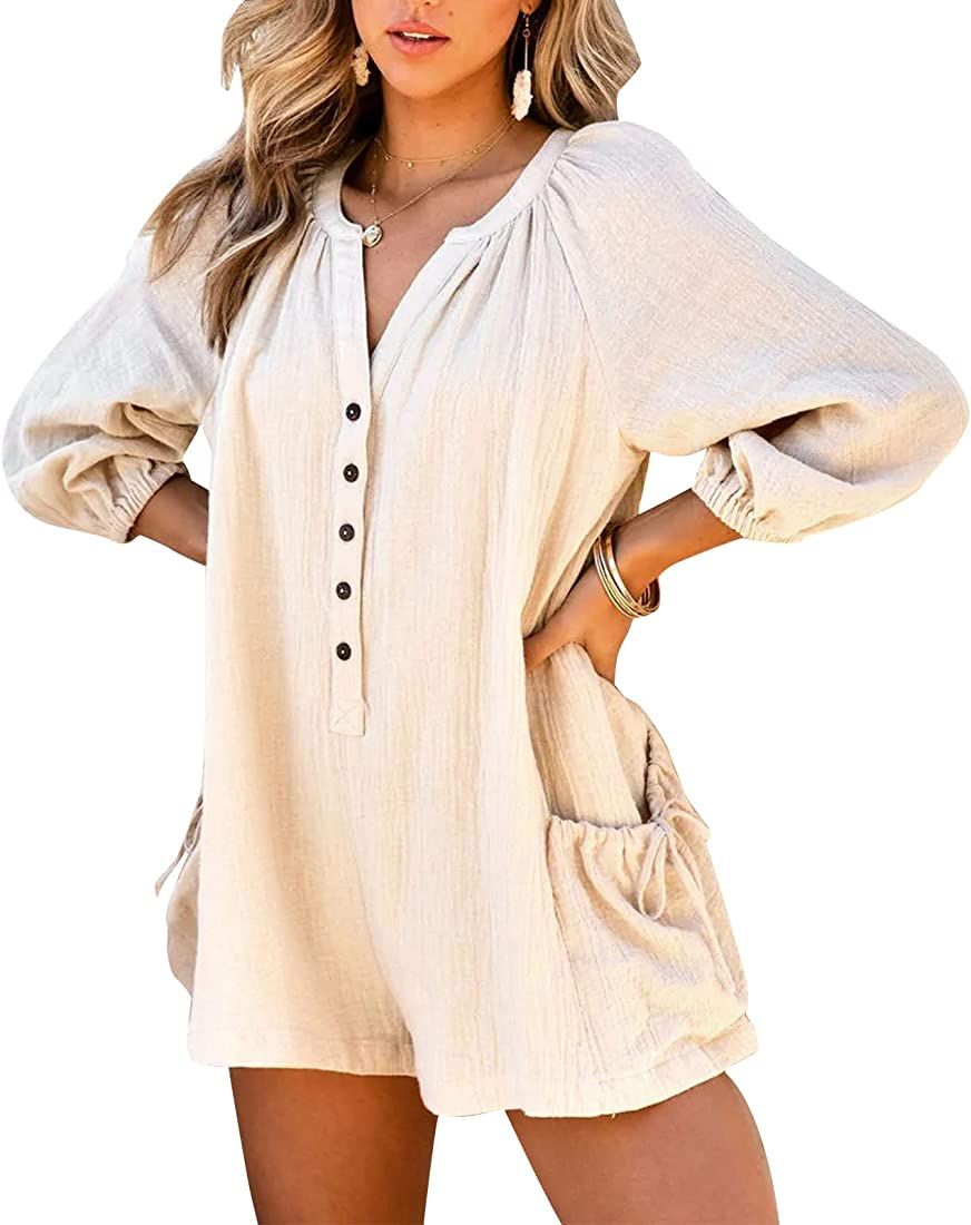 Rseoutlh Womens 3/4 Sleeve Short Rompers Summer Casual V Neck Loose Button Down One Piece Jumpsui... | Amazon (US)