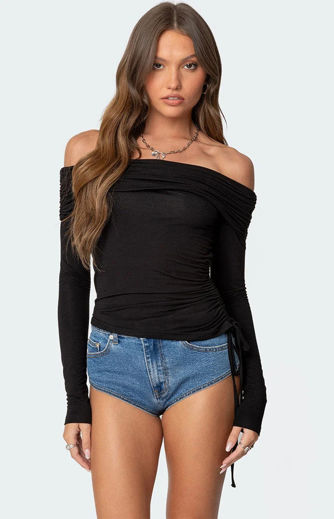 Edikted Women's Gathered Fold Over Drawstring Top in Black - Size Small | PacSun