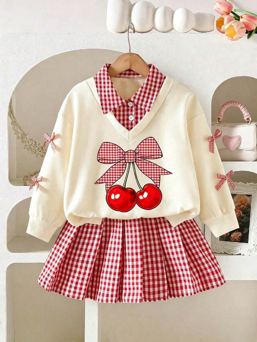 Toddler Girl Cartoon Cherry Print 2 In 1 Long Sleeve Top And Plaid Skirt | SHEIN
