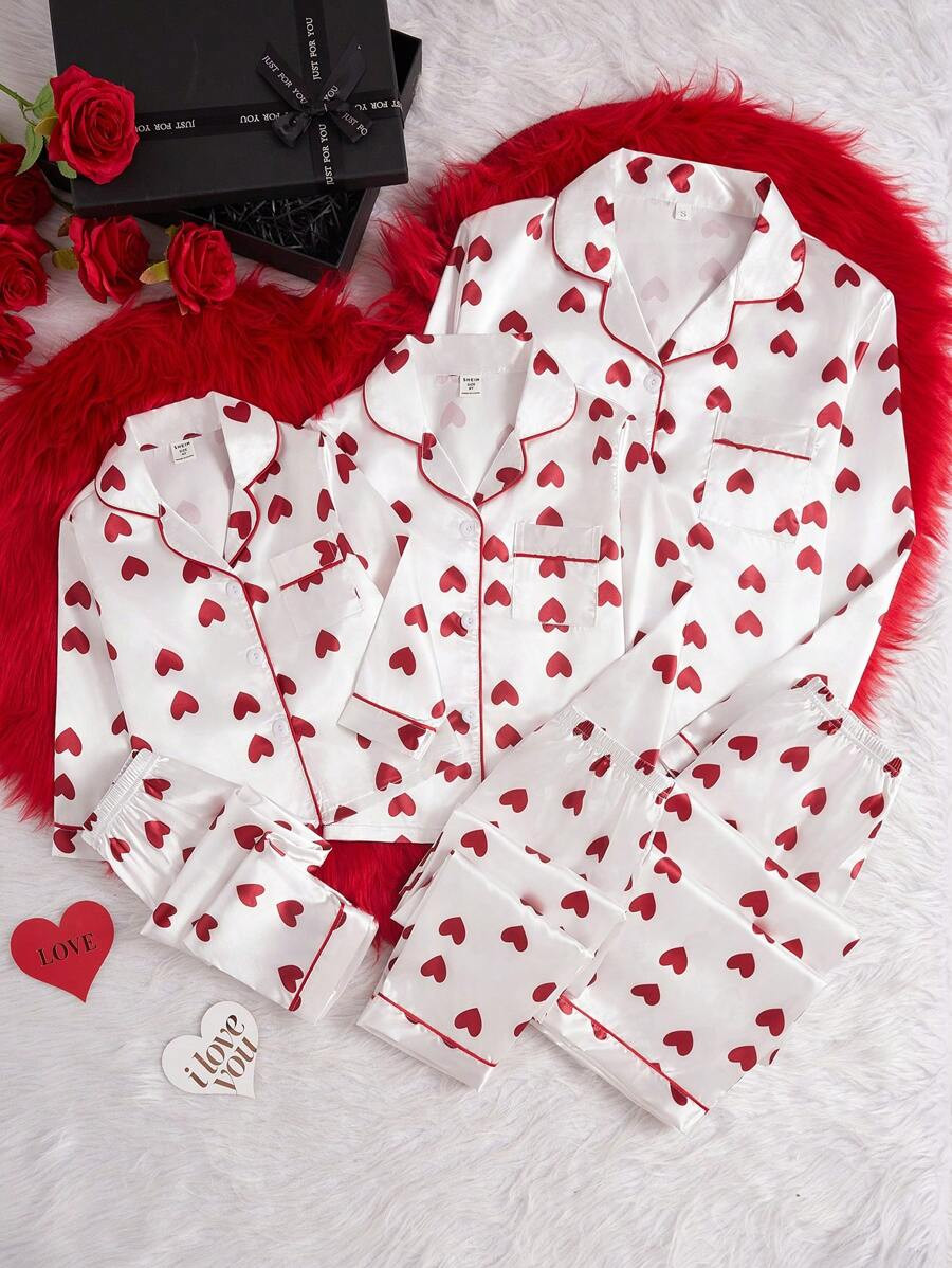 Valentine's Day Women 2pcs/Set Red & White Color Heart Print Casual Comfortable Home Outfit, Long... | SHEIN