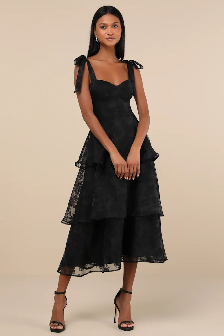 Glamorous Sweetie Black Burnout Tie-Strap Bustier Midi Dress | Lulus