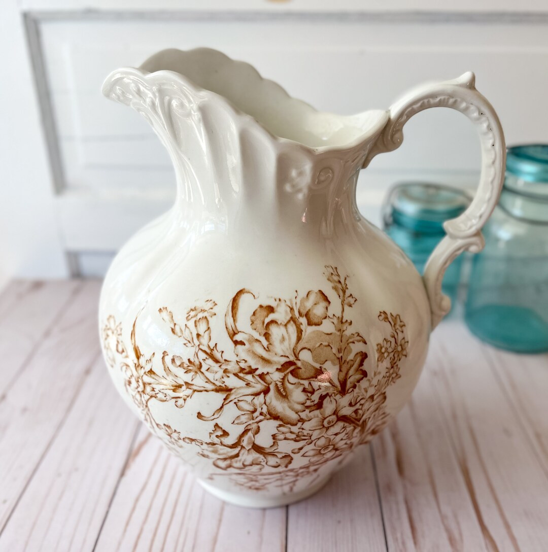 Antique Brown Transferware Floral Pitcher - Etsy | Etsy (US)
