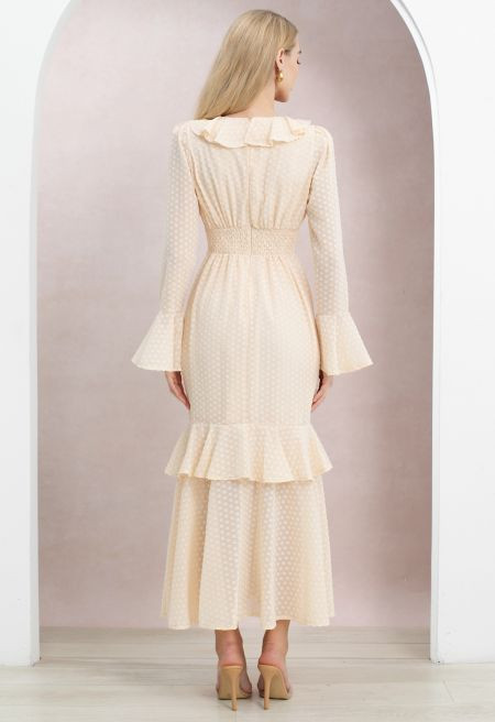 Flock Dot Bell Sleeve Ruffle Slit Maxi Dress in Soft Cream for Vacations & Beach Getaways | Chicwish