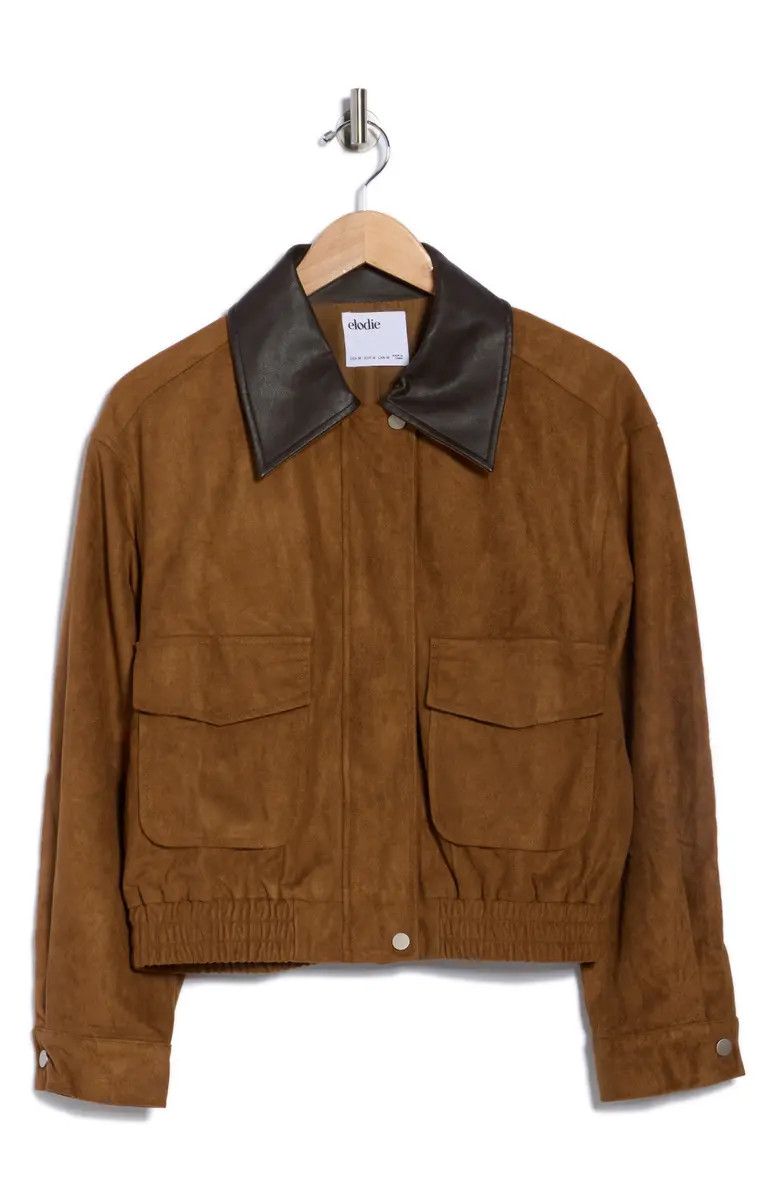 Faux Leather Collar Faux Suede Crop Jacket | Nordstrom Rack
