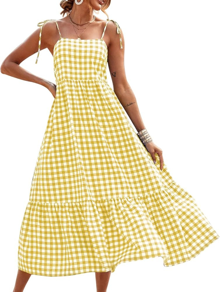 PRETTYGARDEN Summer Dress for Women Plaid Spaghetti Strap Square Neck Tiered Ruffle Flowy Maxi Dress | Amazon (US)