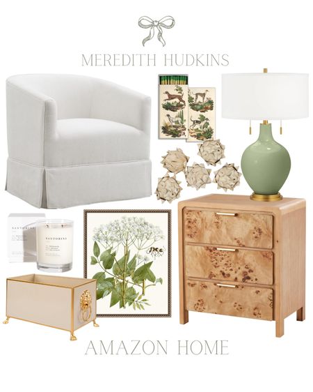 Meredith Hudkins, preppy, classic timeless, home decor, Burlwood, nightstand side table, upholstered, swivel chair, white upholstered chair, chair, green table lamp, entryway bedroom, living room, framed art, botanical art candle matches primary bedroom, grandmillenial, Amazon home, Sage 

#LTKHome #LTKFindsUnder50 #LTKSaleAlert