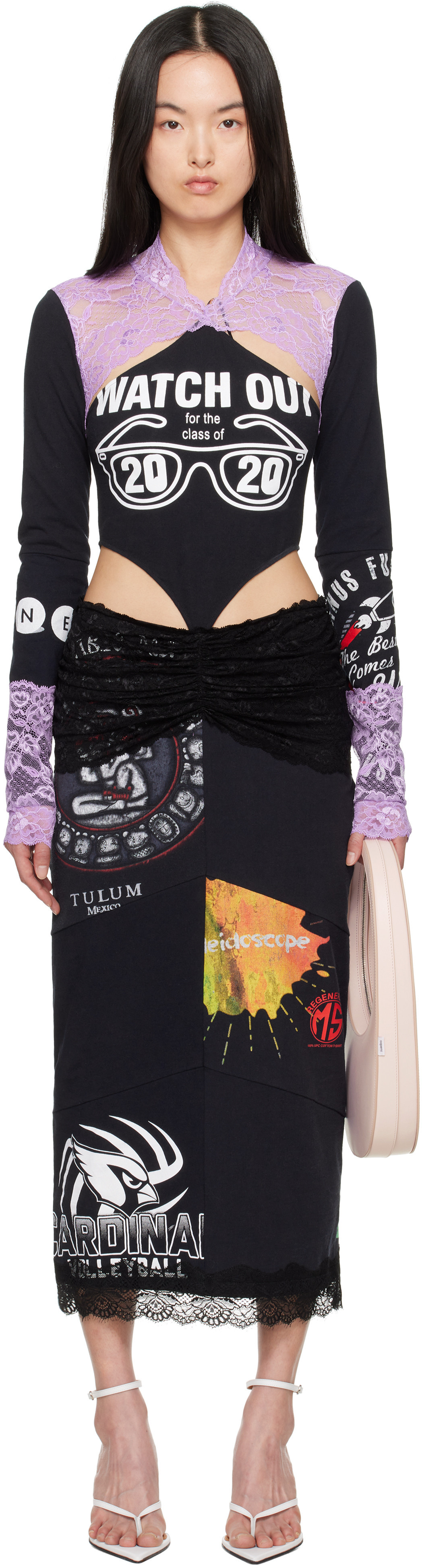 Marine Serre Black & Purple Regenerated T-Shirts & Lace Midi Dress | SSENSE