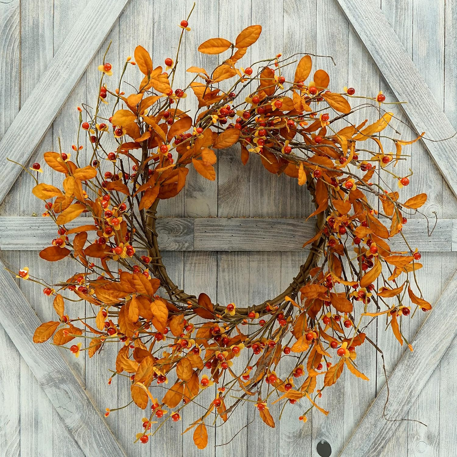 AMF0RESJ Artificial Fall Wreath for Front Door Autumn Door Wreath with Bitter Sweet Berry,Dry Vine Branches for Indoor Outdoor Farmhouse Home Wall Window Festival Wedding Decor, Gift Boxes Included | Amazon (US)