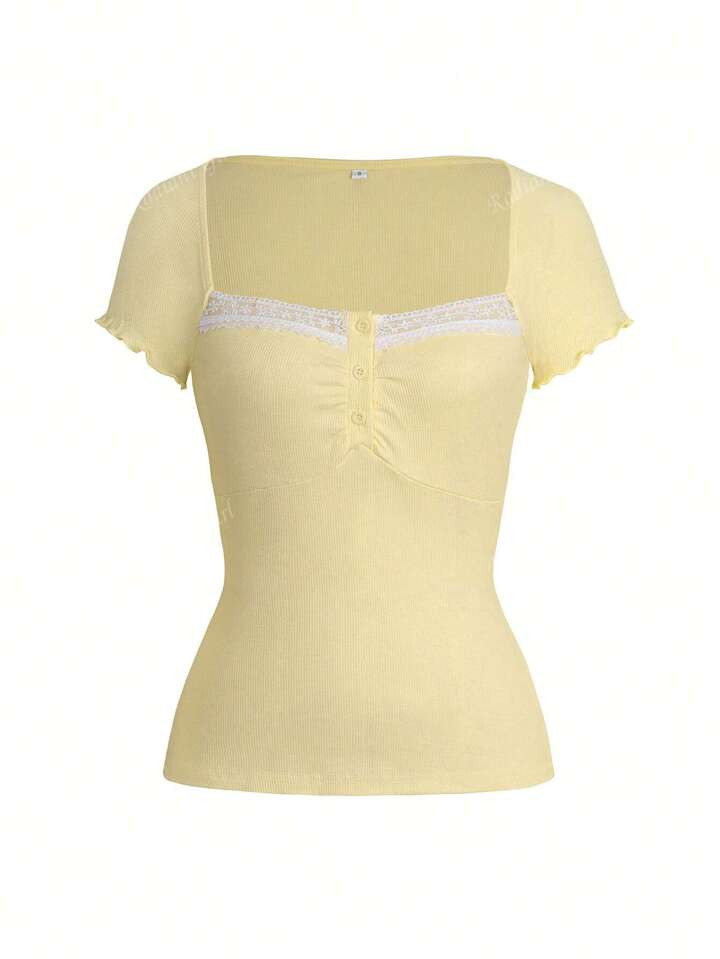 Summer Women Y2K Sweet Casual Simple Preppy Slim Solid Color Short Sleeve Square Collar Lace Corset | SHEIN
