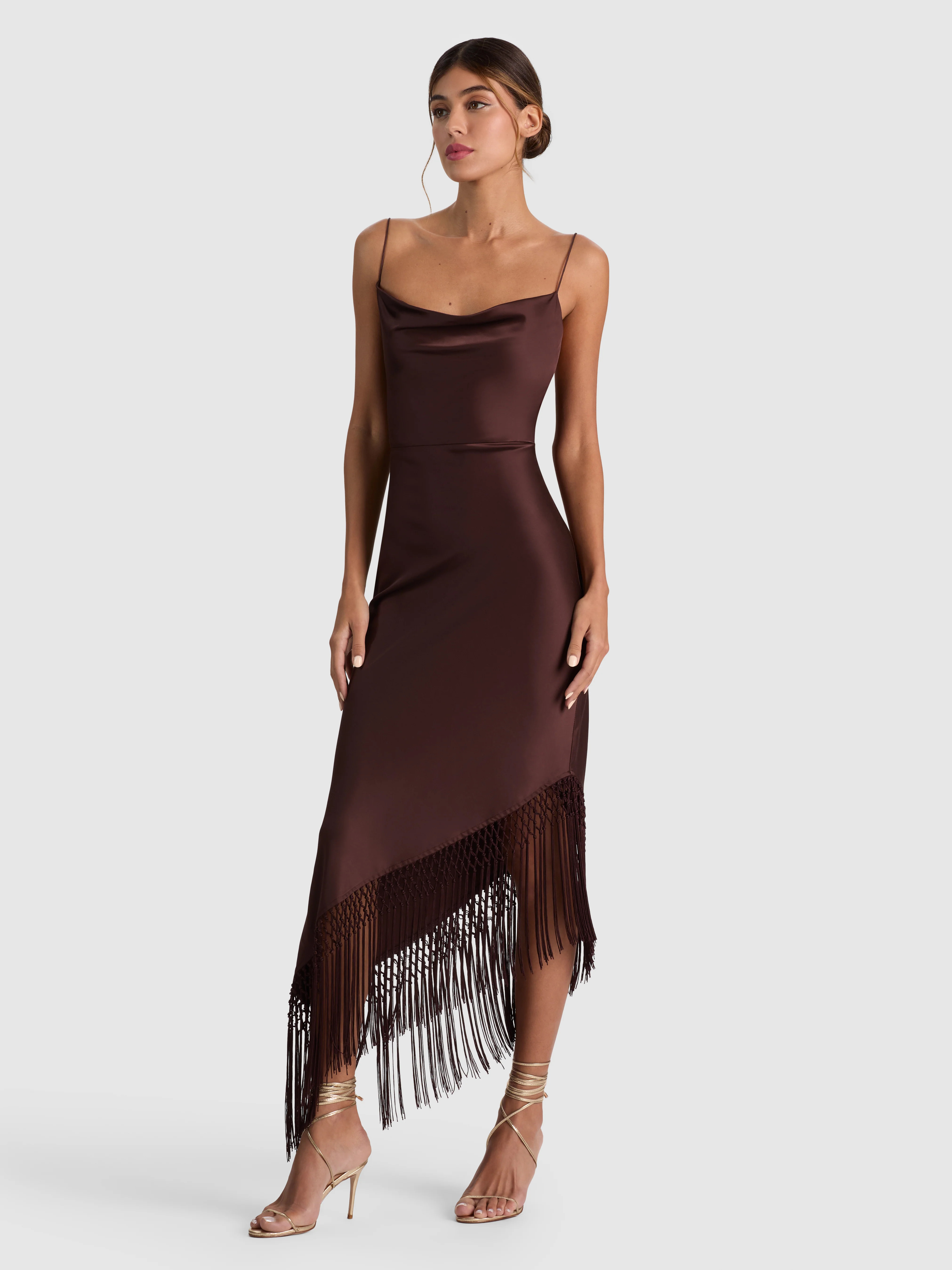 HARMONY ASYMMETRICAL FRINGE MAXI DRESS - DARK CHOCOLATE | Alice + Olivia