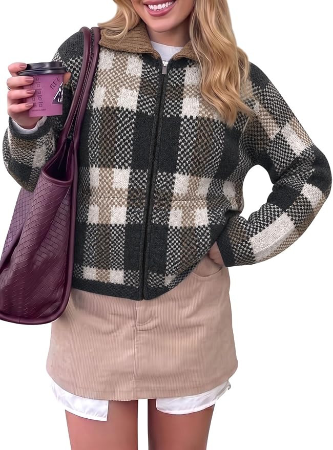 Saodimallsu Womens Plaid Cardigans Color Block Fall Zip Up Sweater Jackets | Amazon (US)