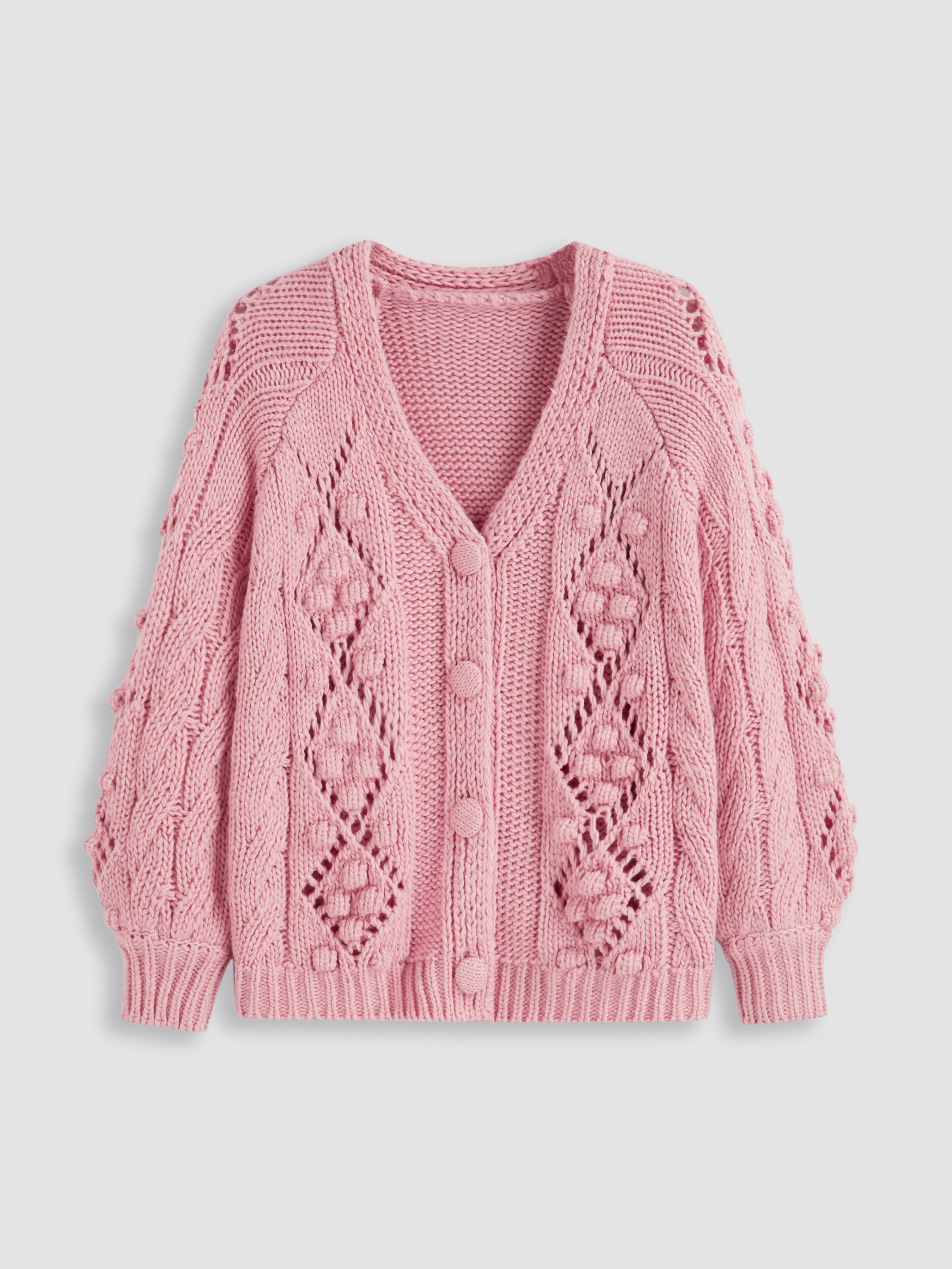Knit Fabric Cable Knit V-neck Hollow Out Oversized Cardigan Curve & Plus For School | Cider